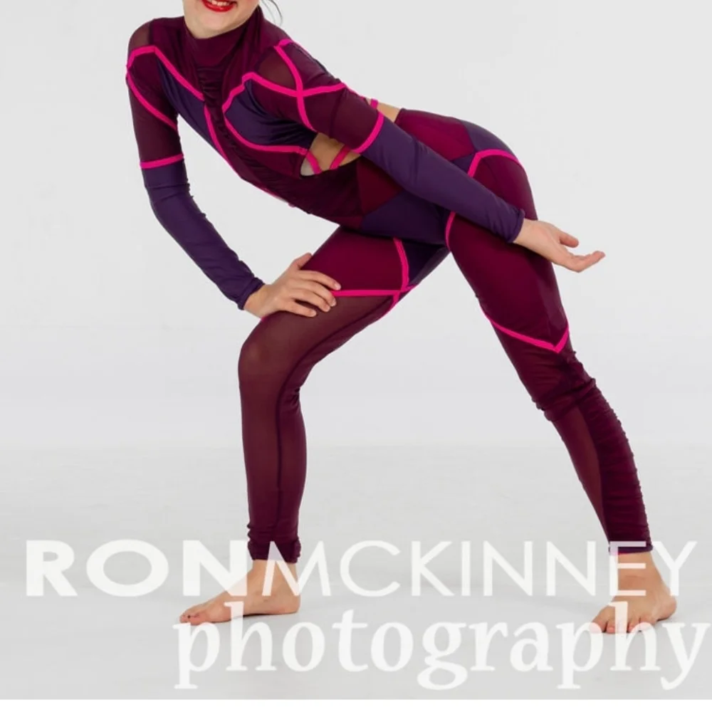 Kids Dance Costume Unitard in Burgundy and Hot Pink